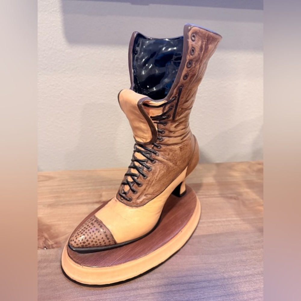 Vintage Ceramic Victorian boot vase with artist engraving on bottom